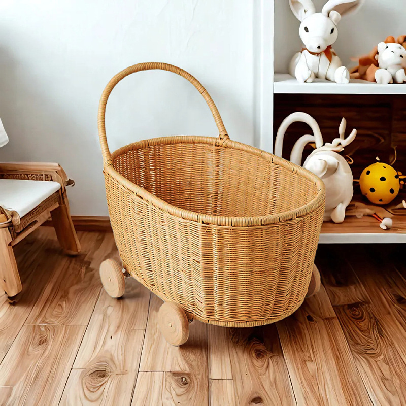 Cesta de almacenamiento de juguetes de ratán para jugar a la familia 3-6 años de edad, cochecito de ratán, cesta de almacenamiento tejida a mano