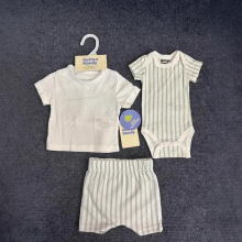 欧美原单复古婴幼儿棉圆领天使小熊卡通衬衫+短裤+长爬三件套