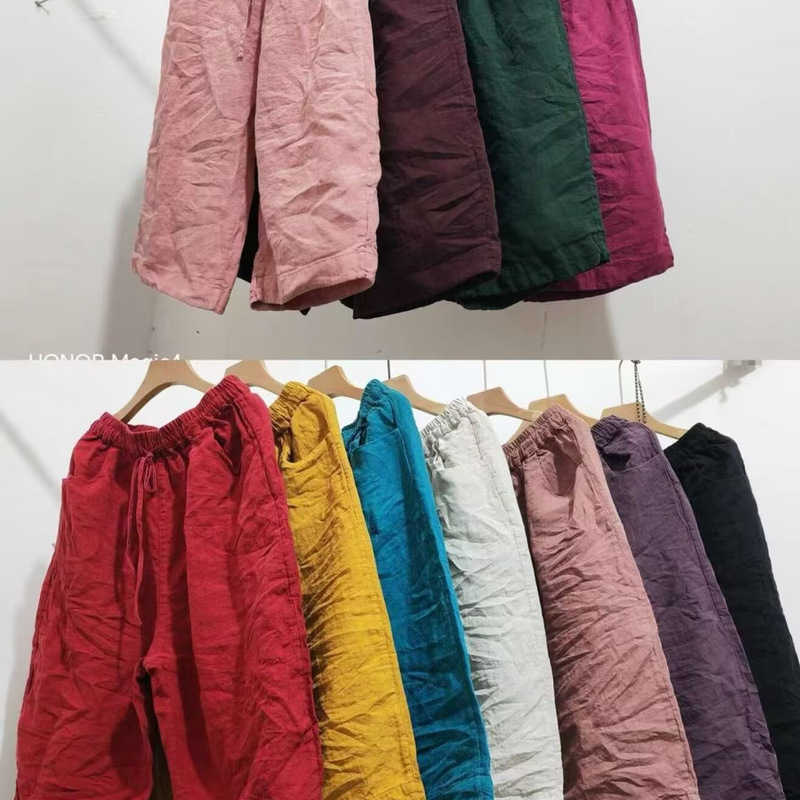 Summer New Linen Casual Pants, Elastic Waist, Solid Color, Artistic Style, Versatile Straight-Leg Pants, Cropped Pants, Slimming Effect Summer New Linen Casual Pants, Elastic Waist, Solid Color, Artistic Style, Versatile Straight-Leg Pants, Cropped Pants, Slimming Effect