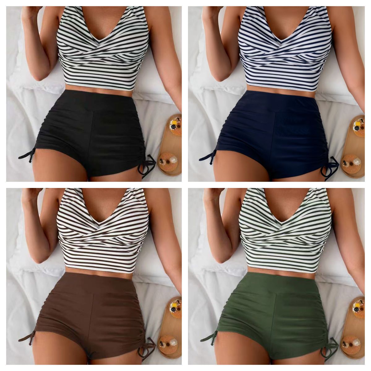 2025 New European and American Foreign Trade Cross-Border Tight Cross Vest Sexy High Waist Drawstring Boxer Briefs Split Swimsuit for Women