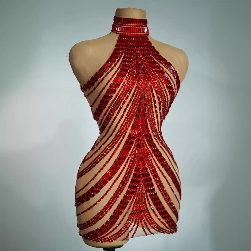 New Hanging Neck Sleeveless Party Diamond See-through Mesh Stitching Elegant Sexy Skirt Dress New Hanging Neck Sleeveless Party Diamond See-through Mesh Stitching Elegant Sexy Skirt Dress