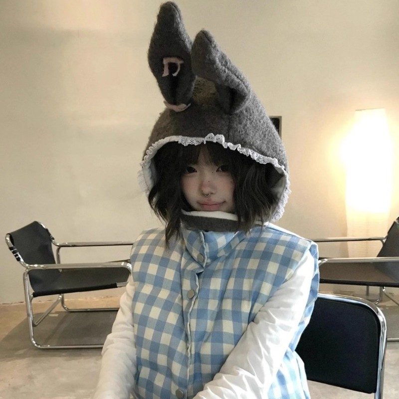 甜美可爱兔子耳朵毛绒帽子女秋冬保暖护耳雷锋帽显脸小加厚套头帽|undefined