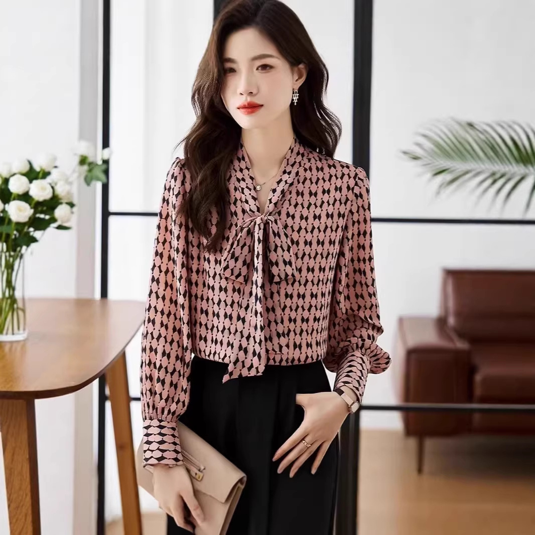Áo sơ mi nữ dài tay phong cách thông thường, thiết kế dây buộc giảm tuổi — màu hồng chi tiết 2
