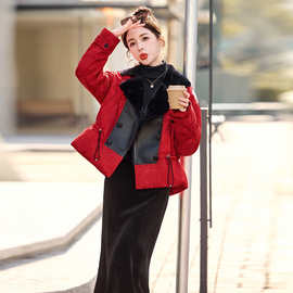小香风红色拼接短款羽绒服女2025冬新款设计感大翻领小个子厚外套