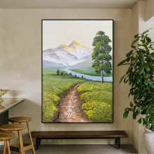 纯手绘油画玄关绿树金山轻奢风景挂画客厅背景墙装饰画餐厅壁画