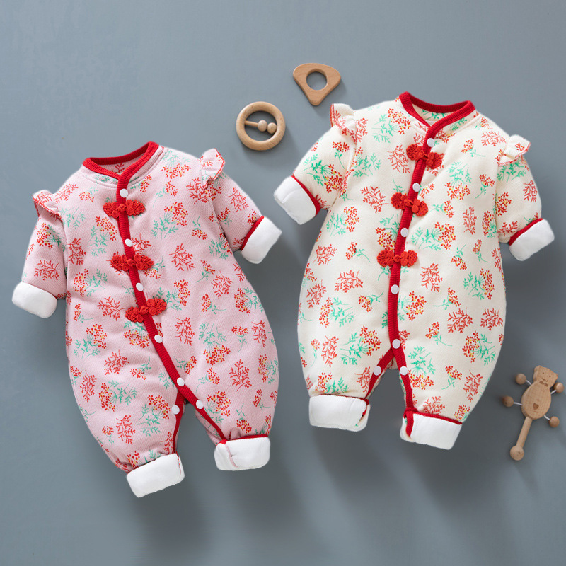 Ropa de invierno de Bebé Ropa de una pieza engrosada estilo chino Tang traje festivo Año Nuevo saludo ropa bebé niña engrosada ropa de algodón acolchado ropa de Año Nuevo