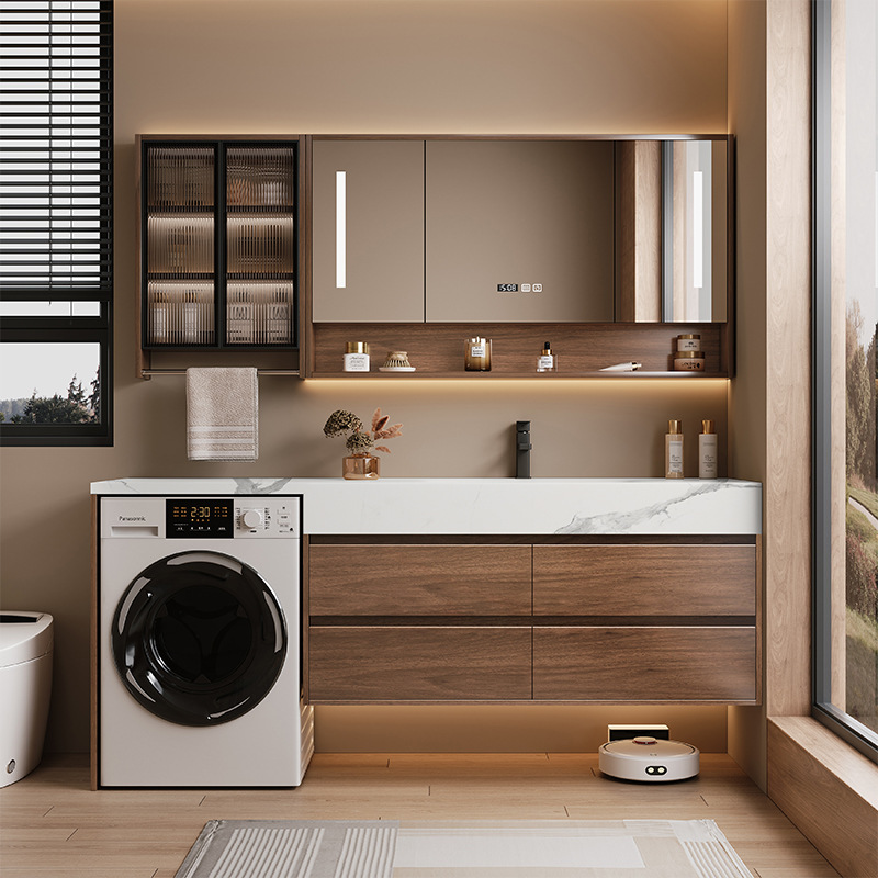 New Chinese-style Walnut Washer Cabinet Bathroom Washstand Washbasin Cabinet Combination Rock Plate Seamless Basin Smart Mirror