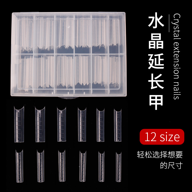 Suministro transfronterizo de manicura molde de uñas de cristal en forma de tubo de bambú con escala de fototerapia uñas de extensión de cristal 120 piezas en caja