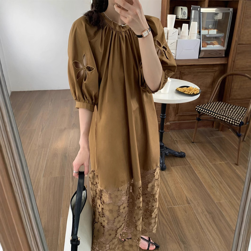 小衆の怠惰な風のカレー色のワンピースの女性の夏のお茶の休憩のフランスの気質の透かし彫りのレースのゆったりしているカジュアルな長いスカート|undefined