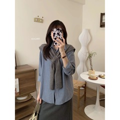 2025春秋韩系通勤套装法式气质长袖条纹衬衫衬衣叠穿披肩女两件套