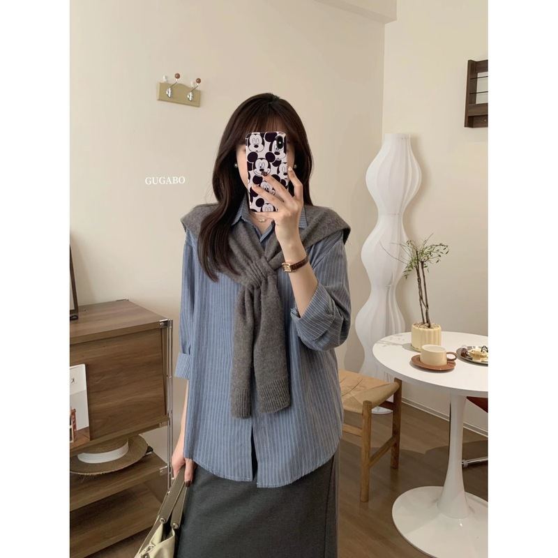 2025春秋韩系通勤套装法式气质长袖条纹衬衫衬衣叠穿披肩女两件套|undefined