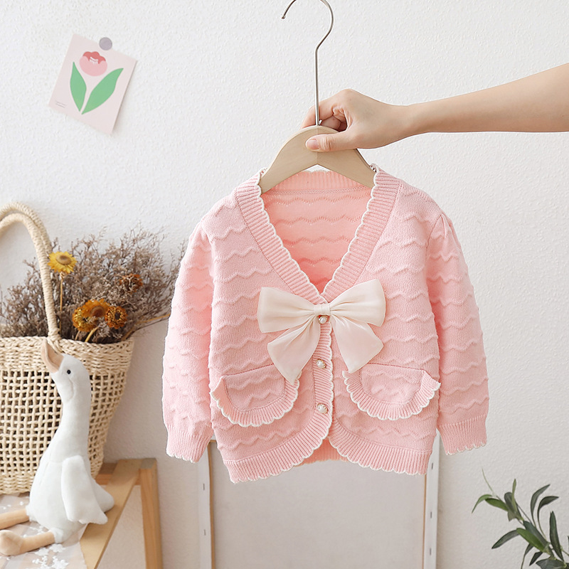 Cárdigan para niña, lazo, 2023, nuevo suéter de punto de estilo occidental para niños, ropa de primavera y otoño para bebé,_voghion.com