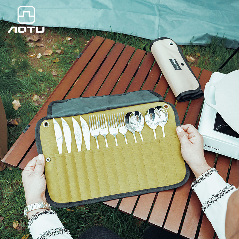 Outdoor 304 stainless steel camping tableware set storage bag chopsticks spoon fork knife picnic cookware