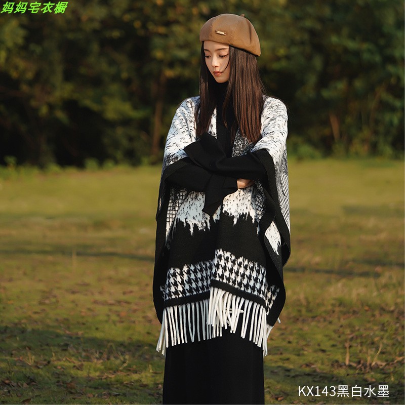 Chaqueta de abrigo de capas de bordas a cuadros franceses de otoño para mujeres con un pequeño chal de lana con una bufalla de abrigo grueso