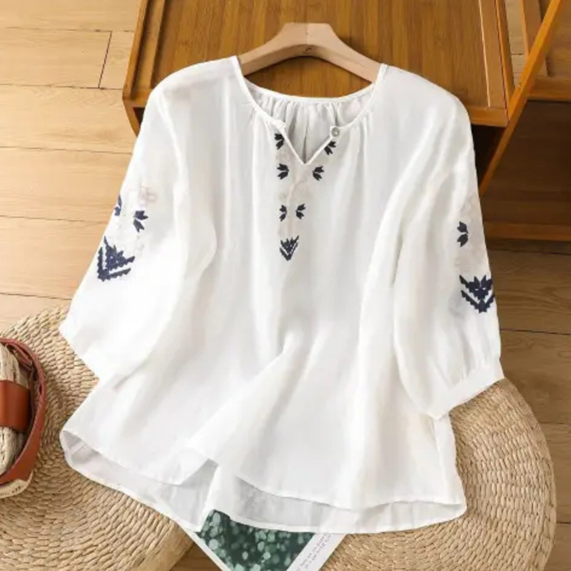[Customized] Ethnic Cotton Embroidered Shirt for Women, Summer Thin Embroidered V-Neck Lantern Sleeve Breathable Half-Sleeve Top