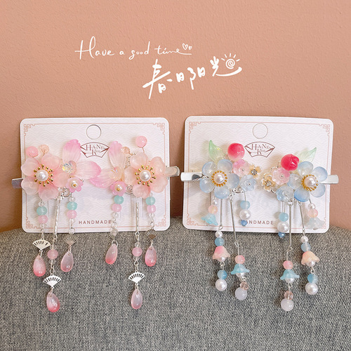 Sweet Chinese-style Hanfu hair accessories for children, flower-shaped tassels, step-flowers hair clips, princess-style accessories for girls