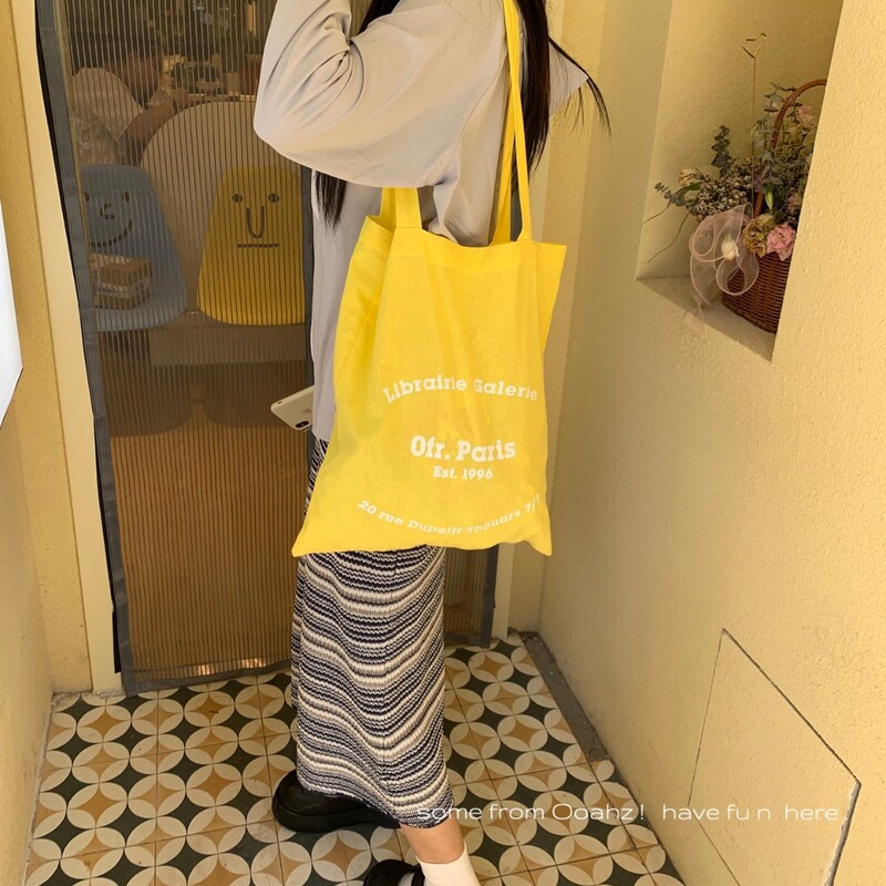 Ofr Paris Paris Bookstore Surrounding All-Match French Simple Letter Yellow Shoulder Bag Thin Gray Cloth Bag Women's Bag