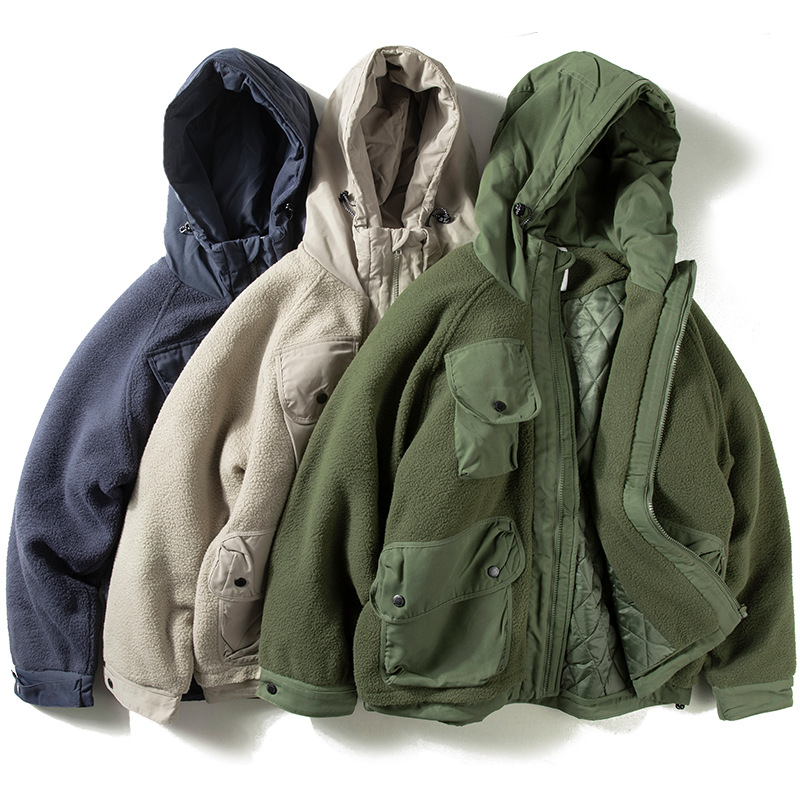 Abrigo acolchado de algodón con capucha de los hombres de Invierno Polar de lana costura acolchado abrigo de los hombres Ropa de trabajo de estilo japonés suelta multi-Bolsillo Abrigo acolchado de algodón hombres