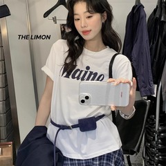 THE LIMON柠檬绿茶2025秋季印花字母正肩磨毛休闲短袖T恤女配腰带