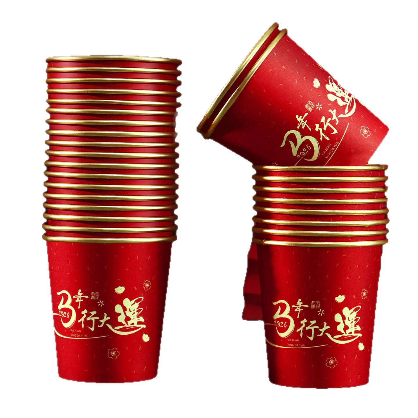 2026 tazas de papel de oro de lámina de oro para el hogar tazas de agua rojas espesar festivas nuevas tazas desechables de Año Nuevo Festival de Primavera