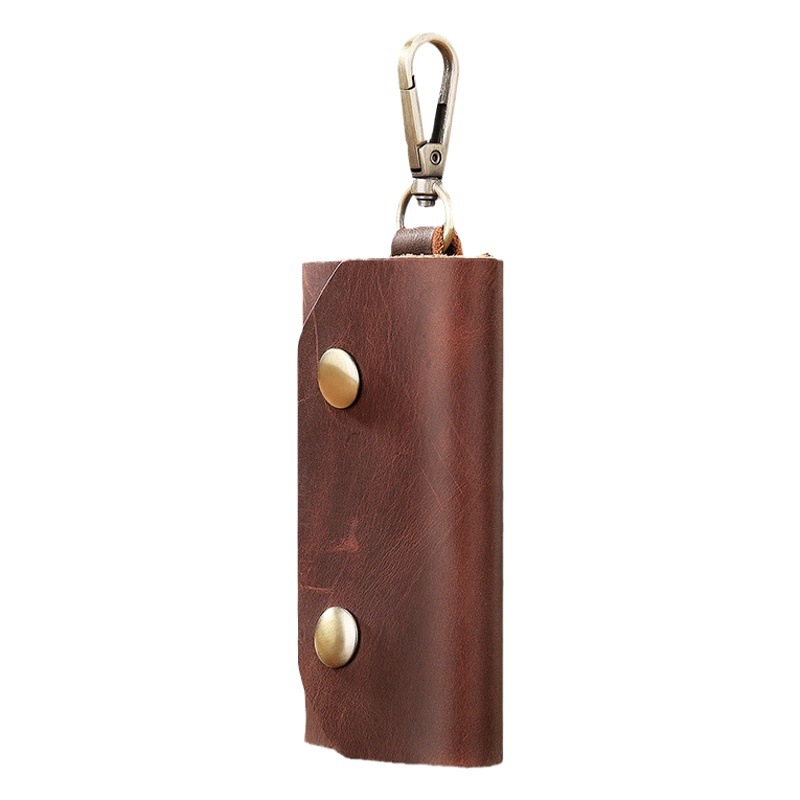 Lisa Genuine Leather Car Key Case, Small Lock, Crazy Horse Leather, Top Layer Cowhide Keychain, Factory Wholesale, Vintage Style, Portable