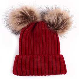 帽子女冬季韩版潮加绒加厚带球保暖针织毛线帽 可爱包头帽 儿童款