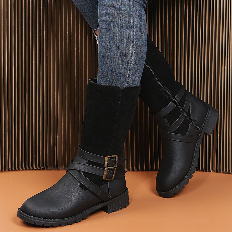 Women's Shoes mid tube Martin boots belt buckle round head low heel knight boots side zipper leather boots_voghion.com