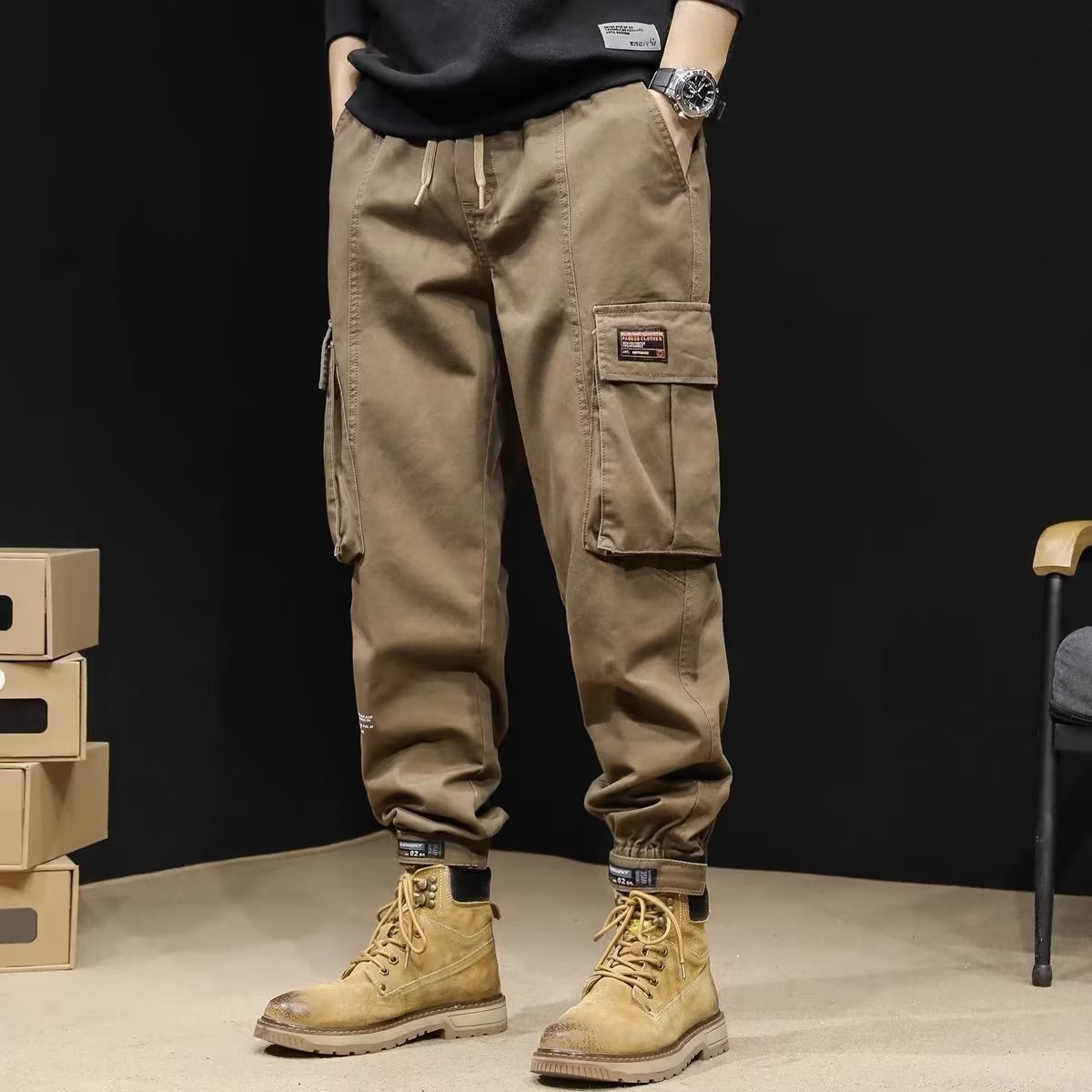 Elastic Waist Multi-Pocket Cargo Pants for Men, Durable Loose Fit, Plus Size, Army Green Work Pants, Construction Site Jogger Pants