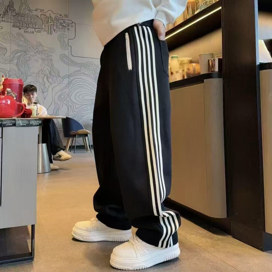 Men's Winter Straight Leg Pants 2025 Trendy Four Stripe Color Block Casual Sporty mid Waist Long Polyester Sweatpants_voghion.com