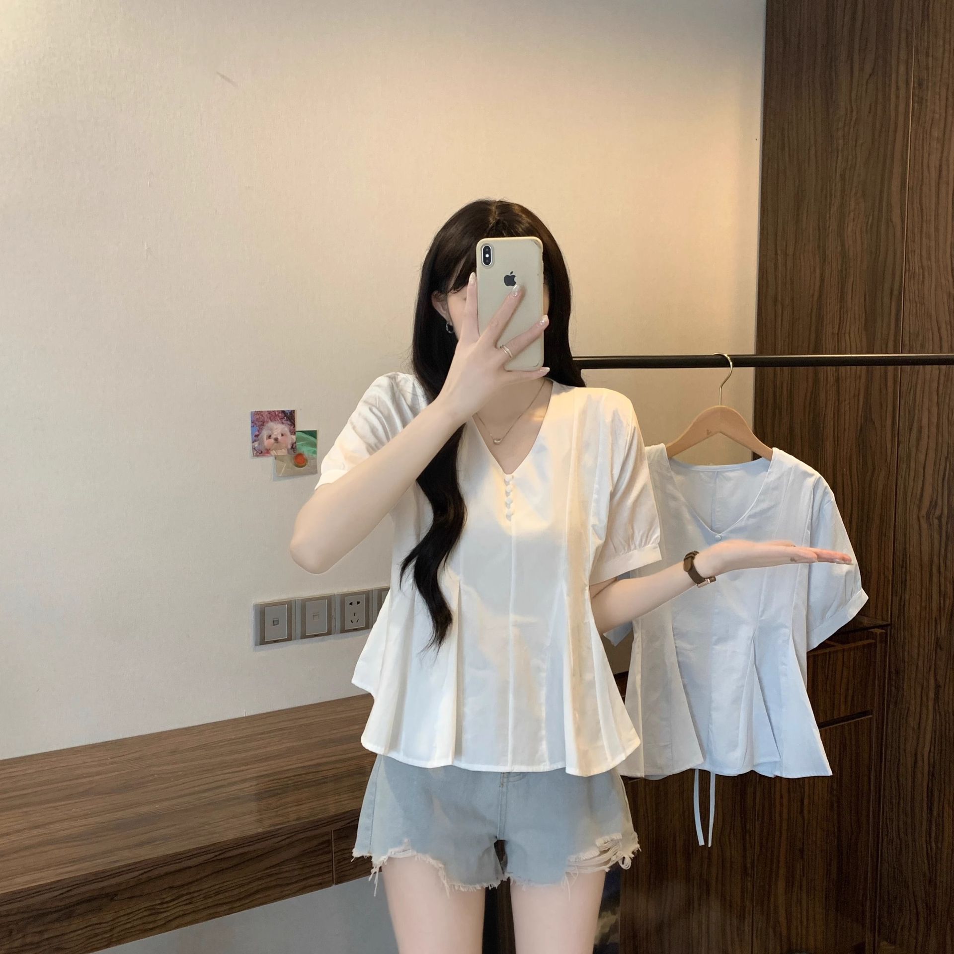 Áo sơ mi nữ cỡ lớn tay ngắn màu xanh lam dáng suông che khuyết điểm — Màu xanh lam chi tiết 4