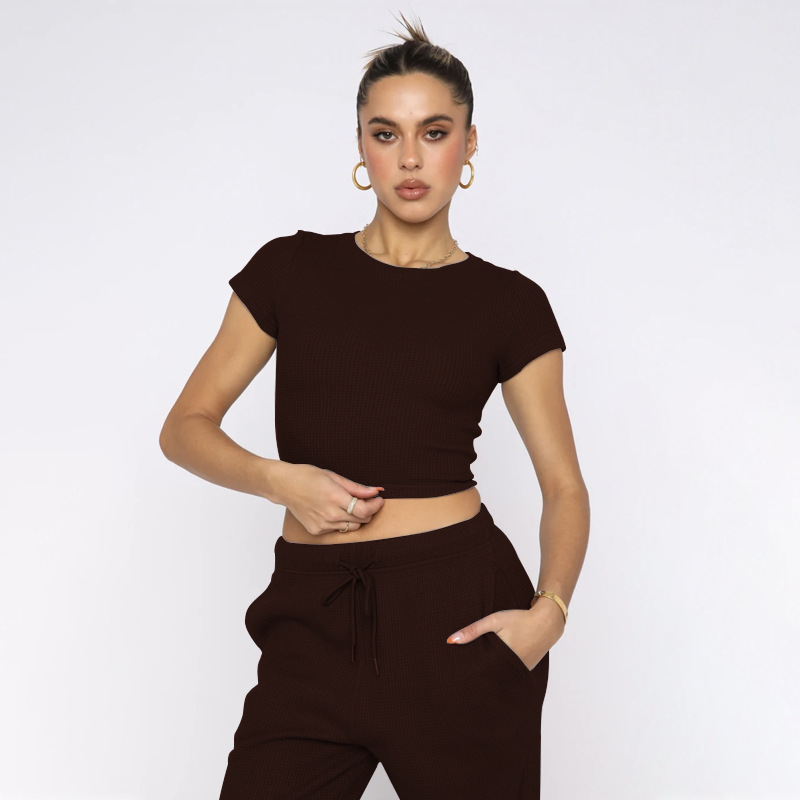 Spring Summer Solid Color Waffle round Neck Short Sleeve Women Clothing Casual Trousers Sets 34 Spring Summer Solid Color Waffle round Neck Short Sleeve Women Clothing Casual Trousers Sets
