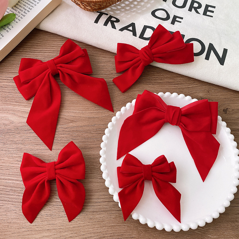 12g Weight Hair Clip Hair Accessories Type 1 Piece Quantity Party, Street Occasion Bow Knot Pattern Women's Gender Sweet Style New Year Velvet Wine Red Series Basic Solid Color Bow Barrettes Sweet Back Head Princess Children Girls' Hair Accessories 1