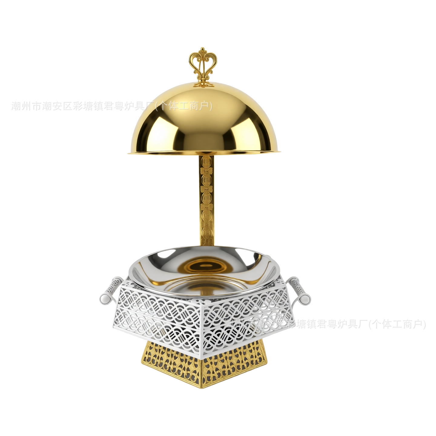 跨境外贸不锈钢水转印吊盖8L黑金酒精炉chafing dish圆形自助餐炉