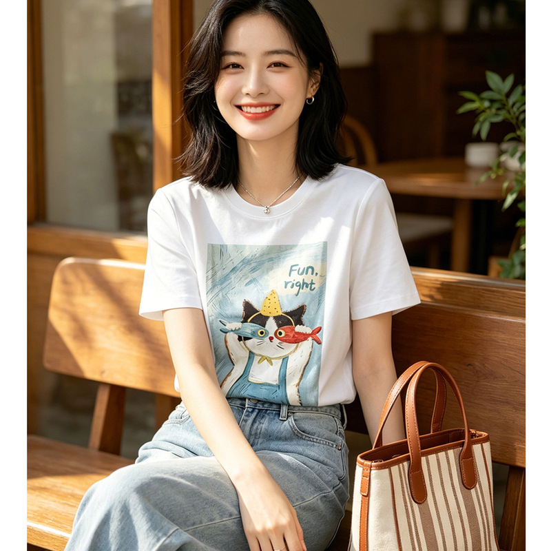 It Feels Great on the Body! Silk and Cotton Patchwork Cartoon Print Short-Sleeve T-Shirt for Women, Summer Round Neck Straight-Cut Comfortable Top It Feels Great on the Body! Silk and Cotton Patchwork Cartoon Print Short-Sleeve T-Shirt for Women, Summer Round Neck Straight-Cut Comfortable Top