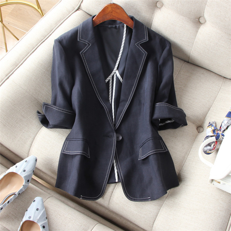 Excellent Condition, High Quality, Exquisite Double-Gong Needle One-Button Slim Linen Blazer Women's Short Spring and Summer Top