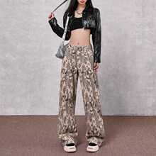 秋季豹纹潮流前线超好看柔软面料宽松阔腿牛仔裤女批发代发