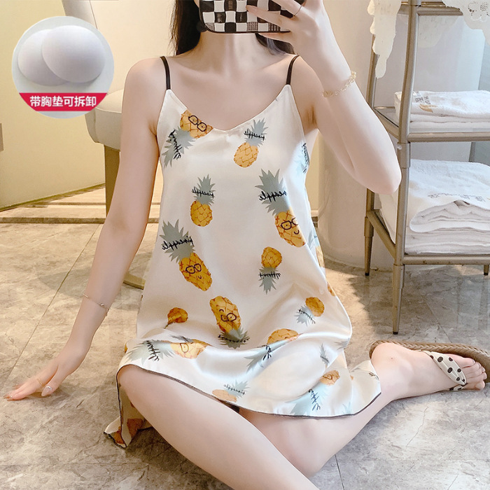 2024 pijama de verano cinta de simulación cojín de pecho delgado de dibujos animados sexy vestido de pijama de ropa de casa de mujer vestido unificado