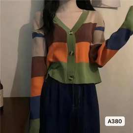 跨境风新款秋装设计感时尚格纹拼色V领长袖针织开衫女毛衣外套潮