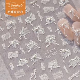 Tomoni & Numb Crystal Diamond Nail Art Stickers with Diamonds and Pearls Pure White Tulle Nail Stickers Lace Bow Stickers