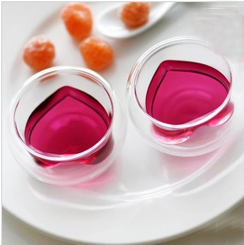 Tazas de té en forma de corazón al por mayor, tazas de doble capa aisladas, tazas de vidrio, tazas de doble capa en forma de corazón de 50 ml resistentes al calor