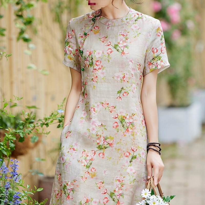 High-End Ramie Retro Chinese-Style Improved Cheongsam Women's Summer Elegant Age-Reducing Foreign Style Mother's Floral Cotton and Linen Dress