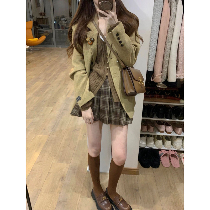 美拉德复古毛呢西装外套女秋季新款针织上衣百褶半身裙三件套|undefined