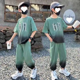 男童夏装薄款渐变运动套装2024新款大童帅气男孩T恤哈伦裤两件套