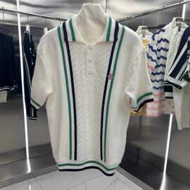 跨境平替欧美潮流男女秋冬新款 Ca条纹针织毛衣衫翻领短袖casa
