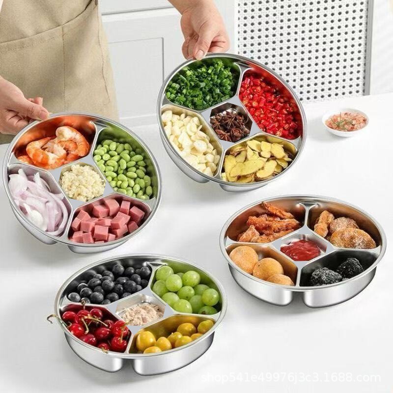 Stainless Steel Five-Compartment Serving Tray for Home Use, Multifunctional Breakfast Steaming Plate, Deepened Round Dish for Steaming Dishes