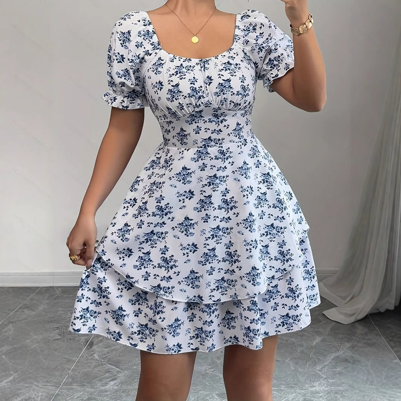 Blue floral dress cross-border women's supply shein Amazon temu flower bubble sleeve lace supply