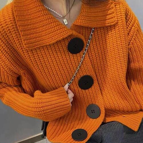 Pumpkin Orange Collar Knitted Cardigan Sweater Coat for Women Autumn/Winter French Retro Style Loose European Style Coat