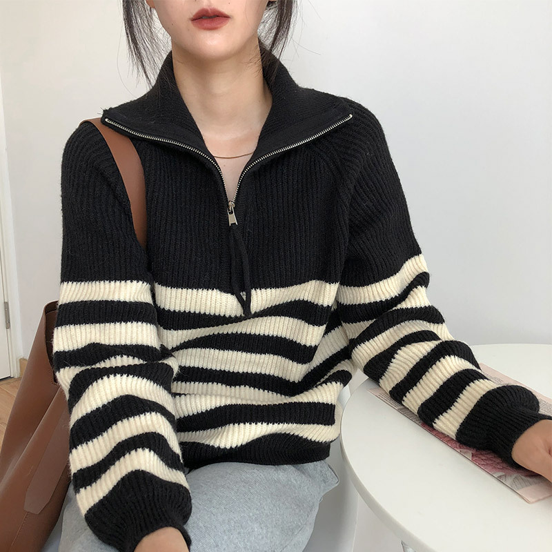 拉链条纹毛衣女日系软糯慵懒风韩版百搭春秋2025新款高领针织开衫