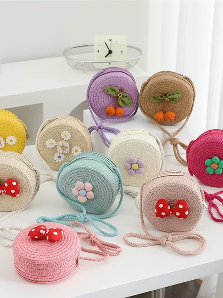 New Style Children's Straw Round Bag, Cute Cartoon Internet Celebrity Style, Bowknot Kids Coin Purse, Crossbody Small Bag, Woven Bag