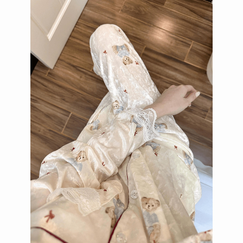Korean Style Cartoon Bear Gold Velvet High-End Pajamas for Women Autumn and Winter Long-Sleeved Home Clothes Can Be Worn Outside Cross-Border Wholesale